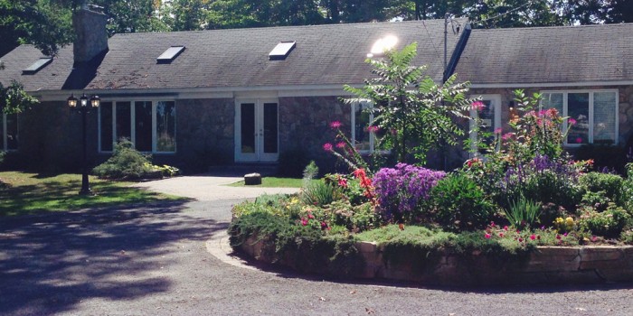 a single floor house entrance with small round garden on the driveway